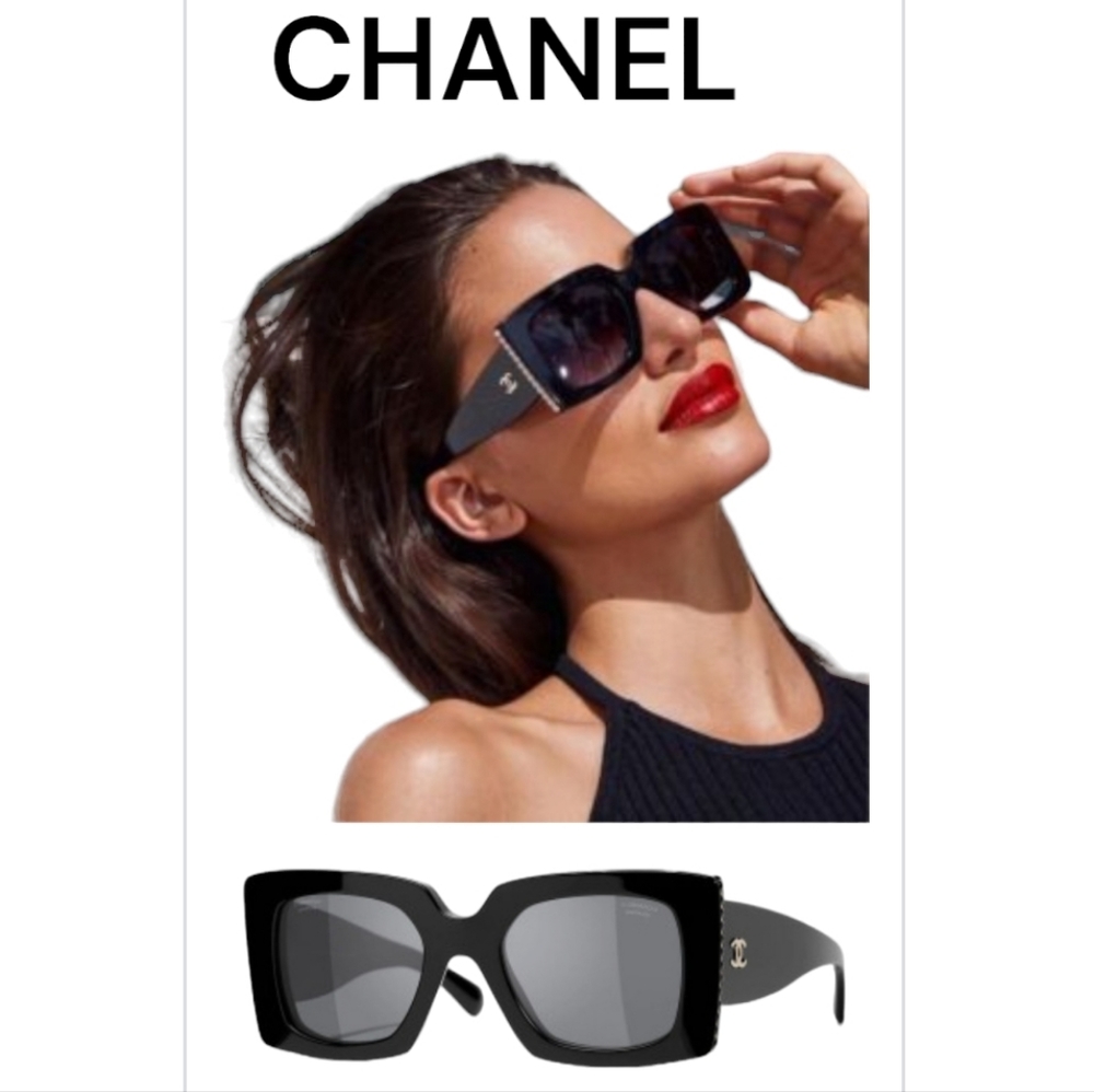 CHANEL POLARIZED BLACK PEARL SUNGLASSES EYEWEAR BLACK AND GOLD SQUARE CH…